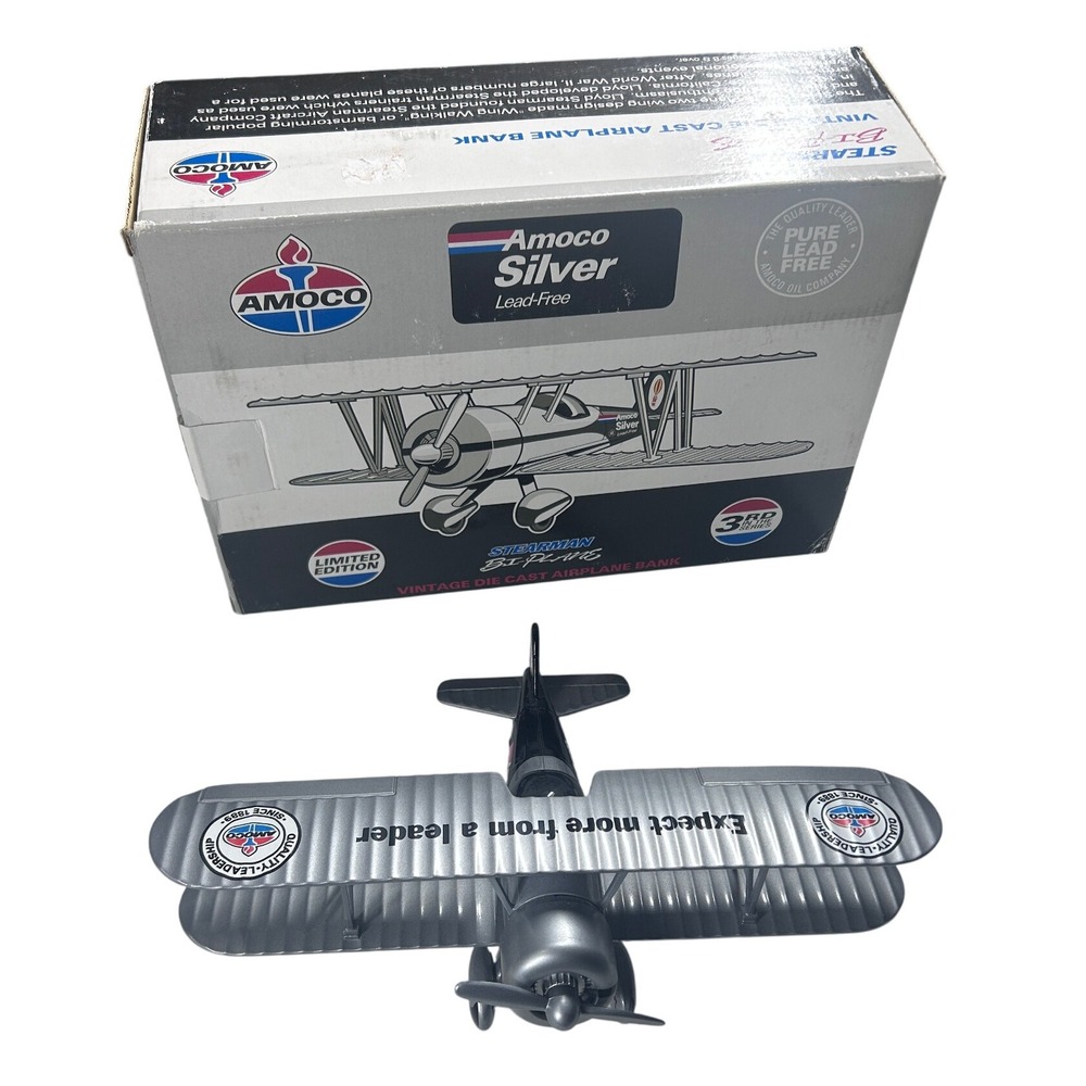 Amoco Silver Stearman Bi-Plane Vintage Die Cast Airplane Bank Limited‎ Edition